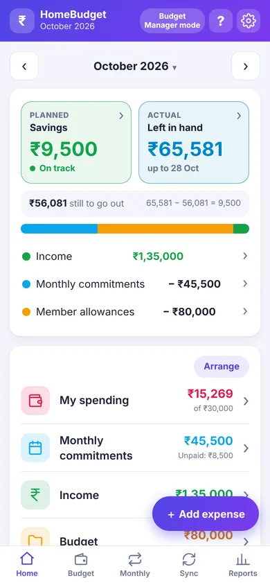 HomeBudget home screen with the savings summary, spending, monthly commitments, income and budget